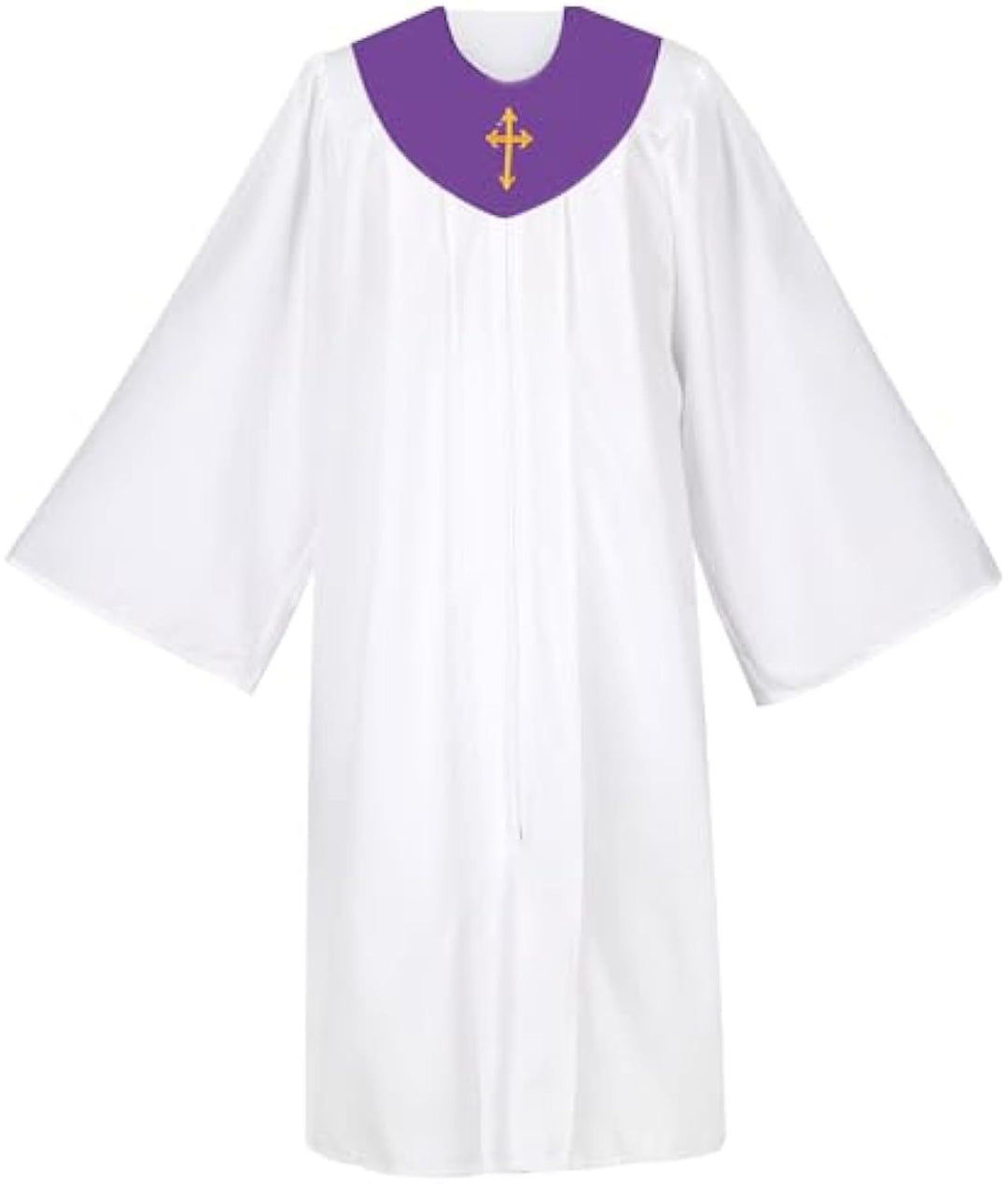 White Church Choir Robe with Gold Yellow V-Neck Yoke and Gold Cross Embroidery