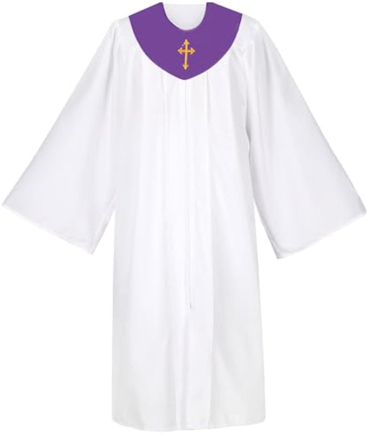 White Church Choir Robe with Gold Yellow V-Neck Yoke and Gold Cross Embroidery
