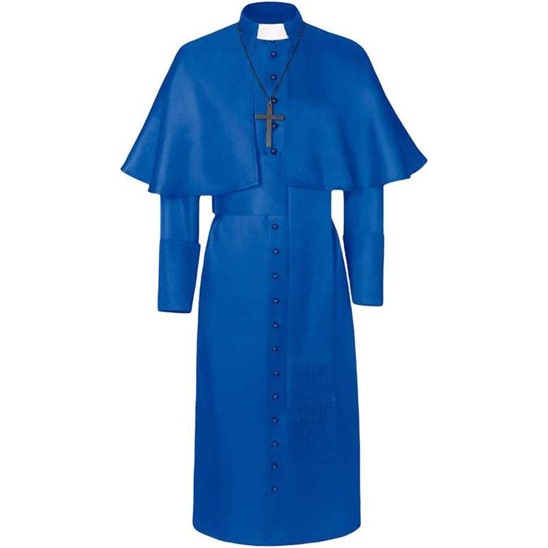 Royal blue clergy cape cassock robe set with shoulder cape, waist belt and black cross necklace, front view, white background