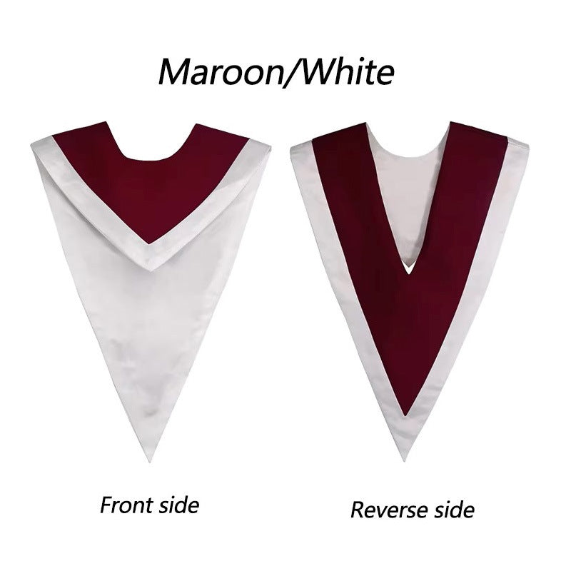 Dark maroon and white two-tone reversible graduation V-stole chevron showing both front and reverse sides, white background