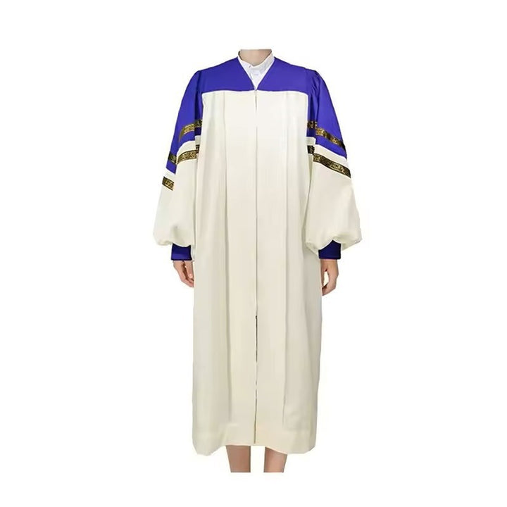 Ivory white choir robe with royal blue shoulder and upper sleeve panel, two diagonal gold brocade trim bands at sleeve junction, puff balloon sleeves with blue cuffed wrists, V-neck zipper, worn on model, white background