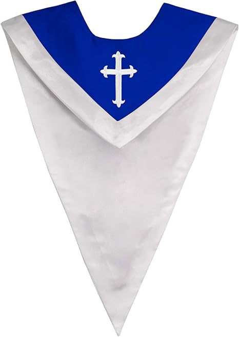 White and royal blue two-tone V-shaped choir stole with cross embroidery on blue yoke, product flat lay, white background