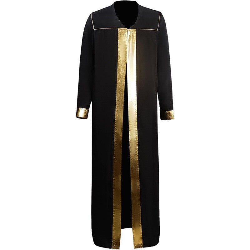 Black open-front choir robe with gold center stripe and gold cuff trim, square collar with white trim, front view, white background