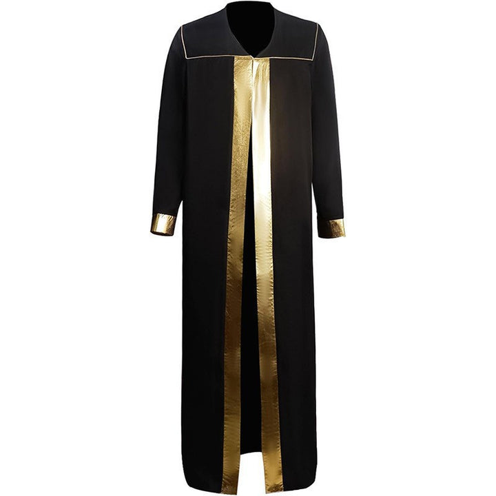 Black open-front choir robe with gold center stripe and gold cuff trim, square collar with white trim, front view, white background