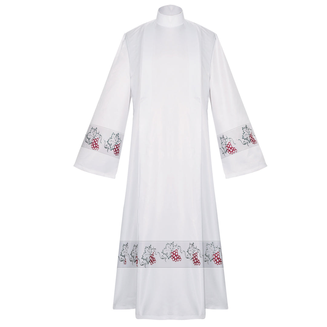 White clergy alb robe front view showing stand collar, A-line silhouette, wide bell sleeves with grape vine and red grape cluster embroidery band at cuffs and hem, white background