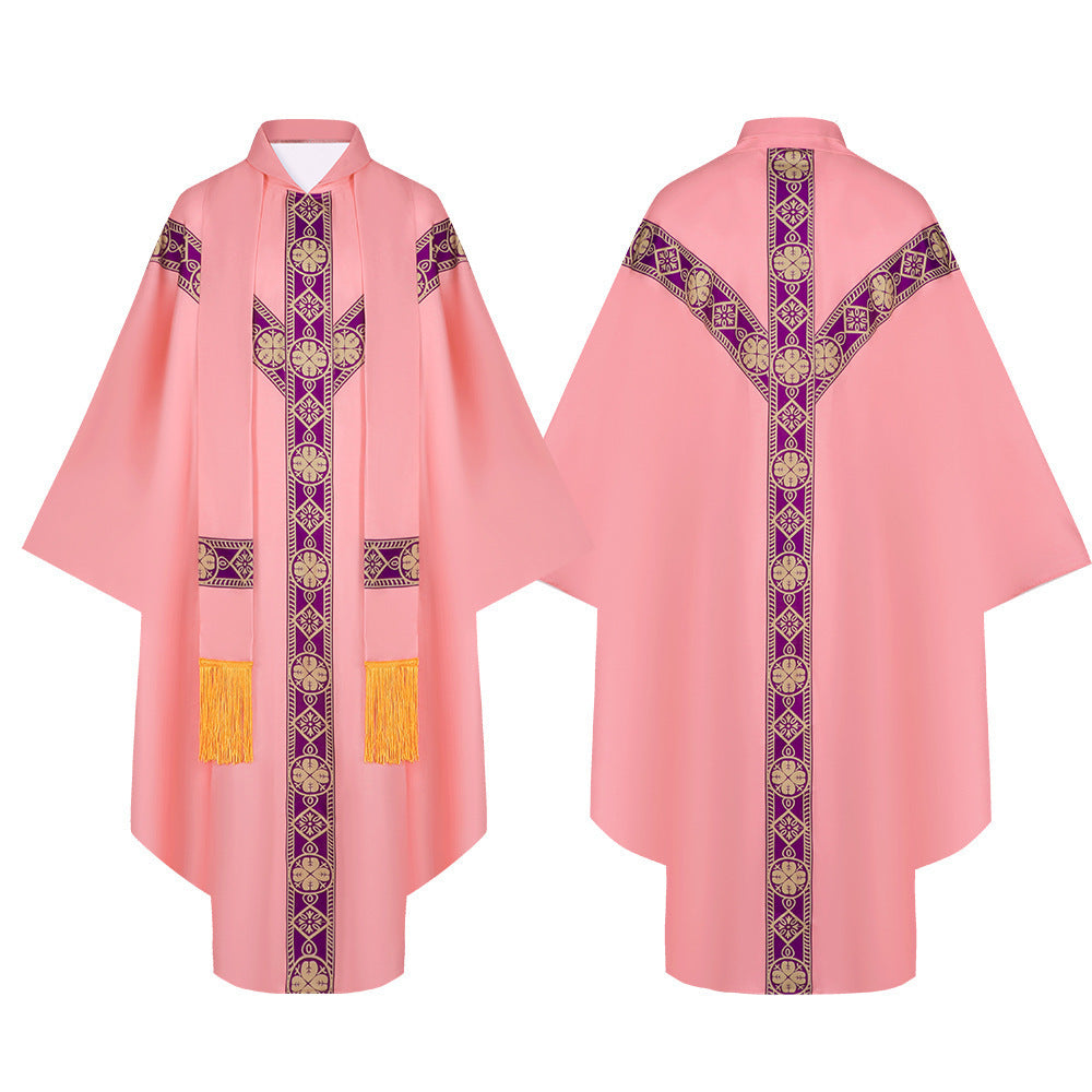 Pink Catholic chasuble priest vestment with purple floral embroidery cross panel and gold fringe tassels, front and back view, white background