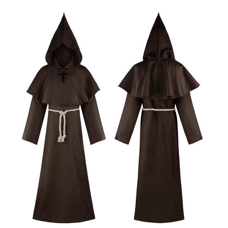 Dark brown medieval monk hooded robe front and back view with pointed hood, shoulder cape, rope belt and cross necklace, white background