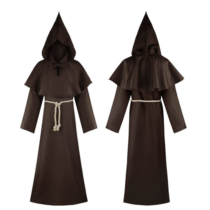 Dark brown medieval monk hooded robe front and back view with pointed hood, shoulder cape, rope belt and cross necklace, white background