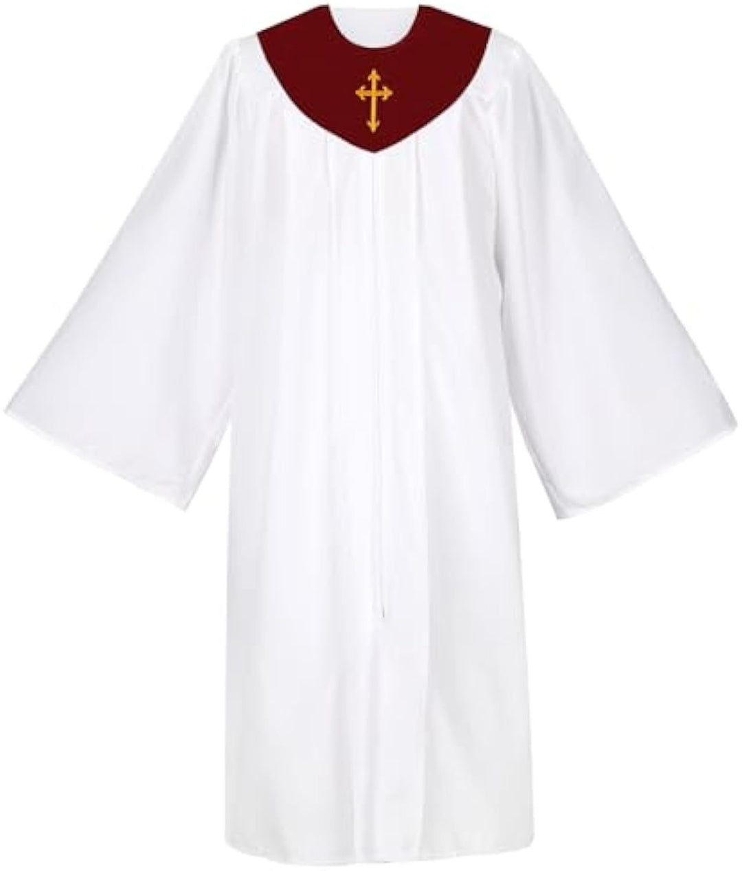 White Church Choir Robe with Forest Green V-Neck Yoke and Gold Cross Embroidery