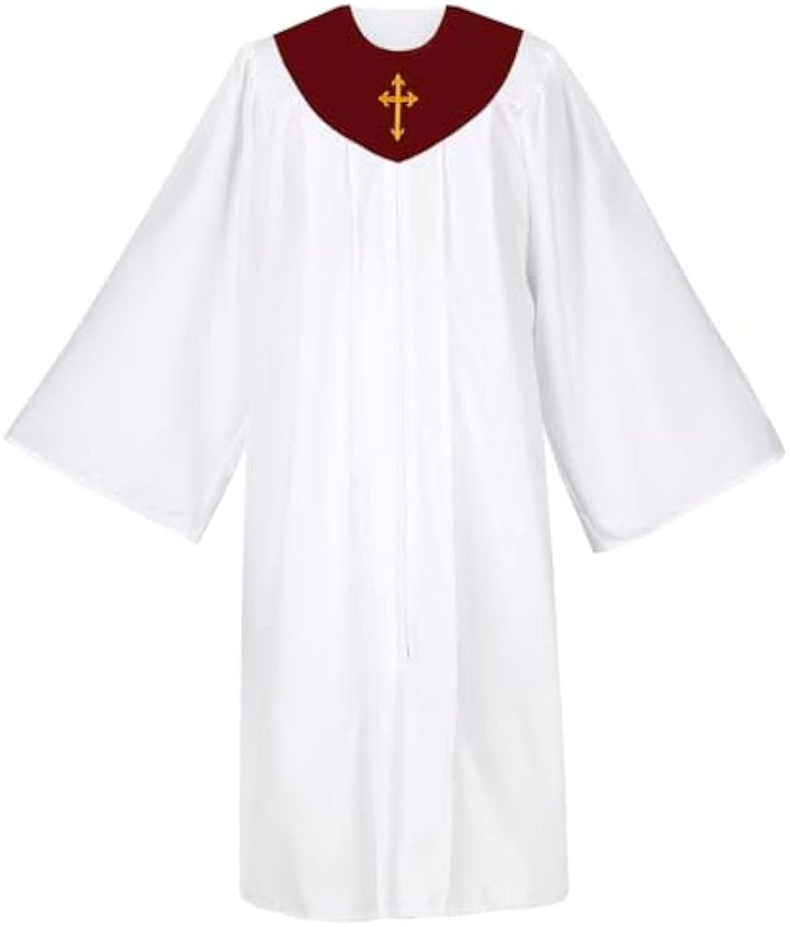 White Church Choir Robe with Forest Green V-Neck Yoke and Gold Cross Embroidery