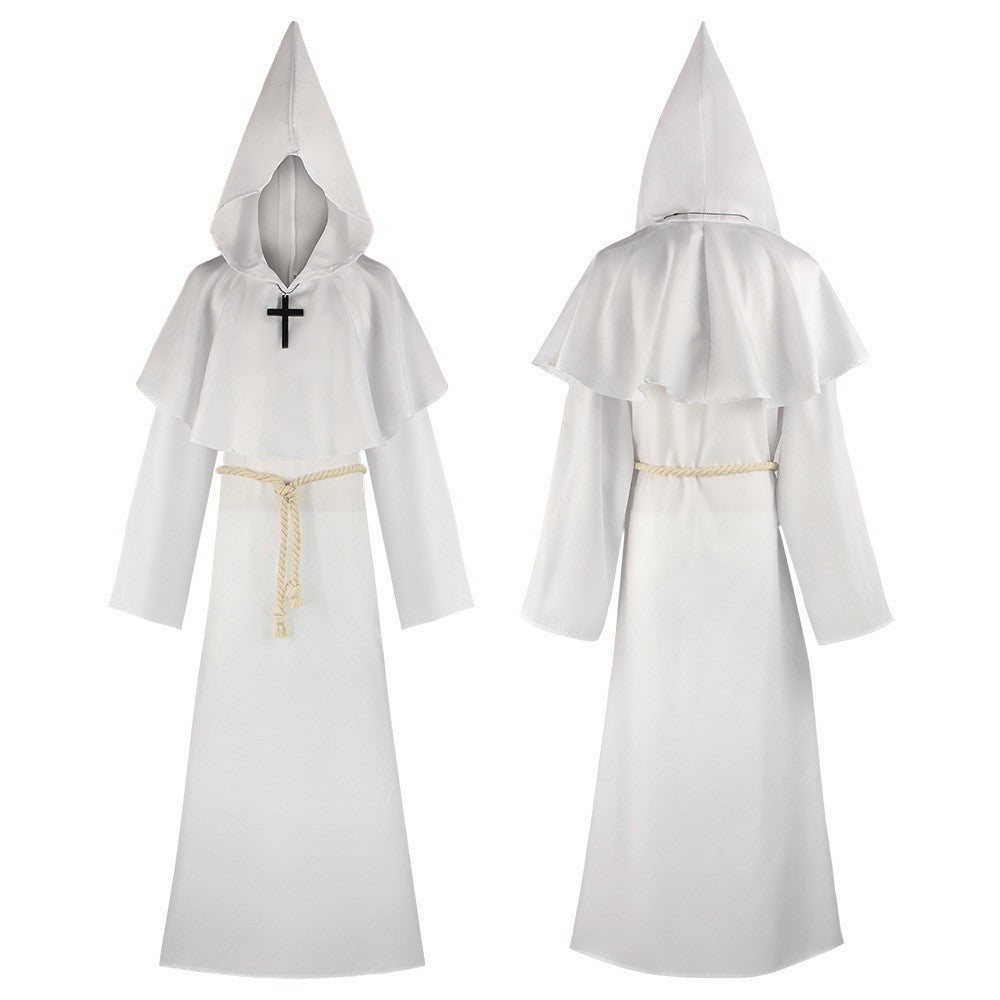 White medieval monk hooded robe front and back view with pointed hood, shoulder cape, rope belt and cross necklace, white background