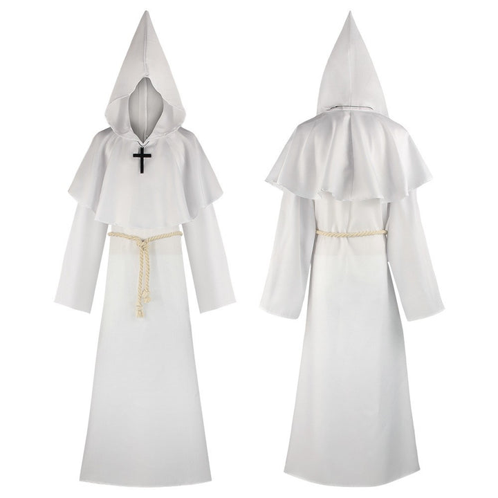 White medieval monk hooded robe front and back view with pointed hood, shoulder cape, rope belt and cross necklace, white background