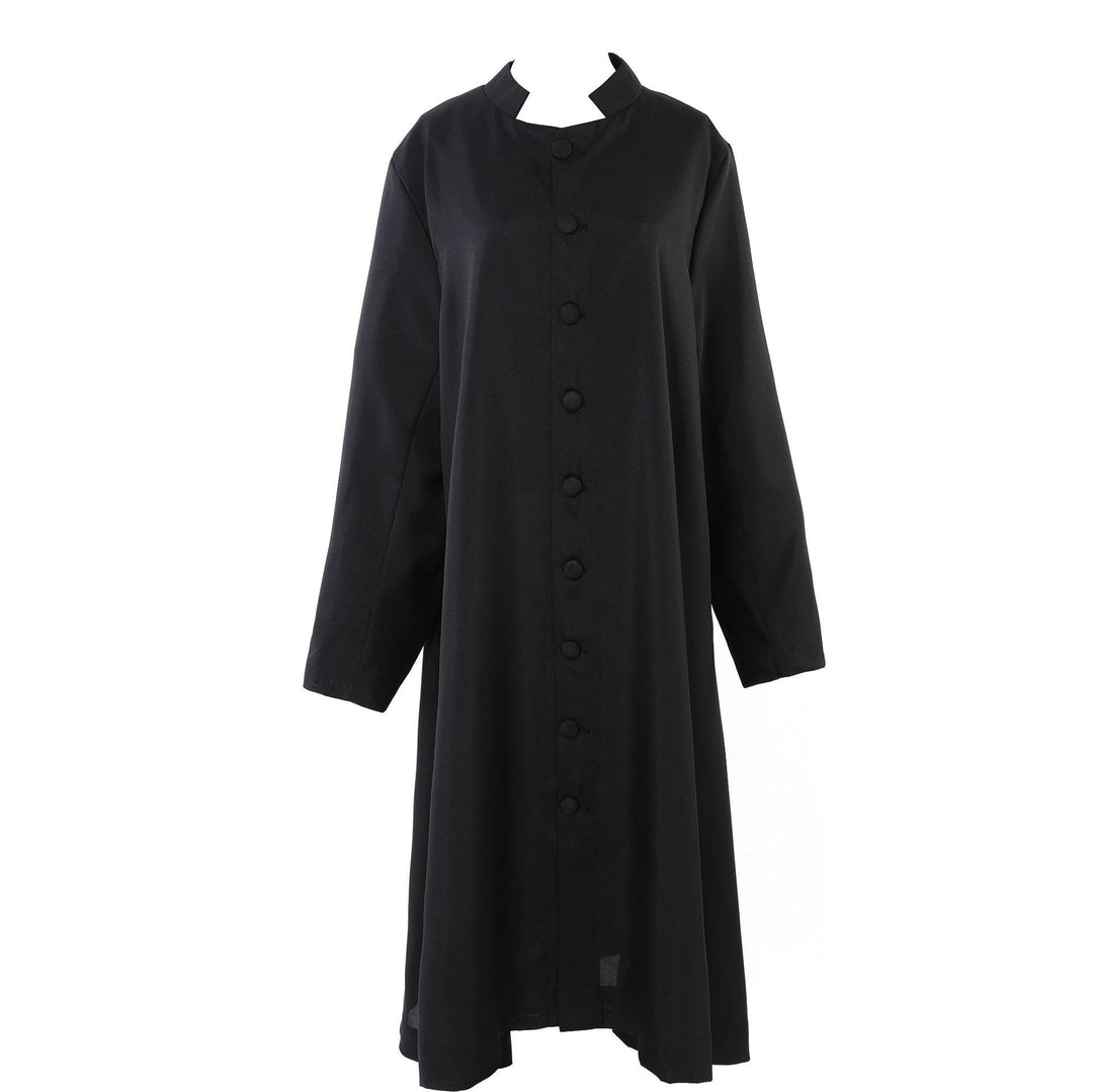 Black matte choir robe with stand collar front buttons and A-line flared hem, pure white background