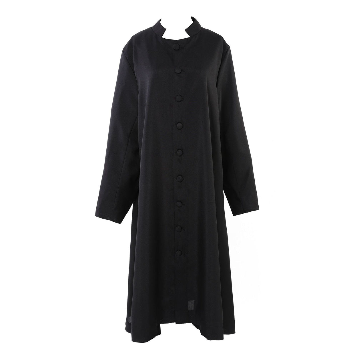 Black matte choir robe with stand collar front buttons and A-line flared hem, pure white background