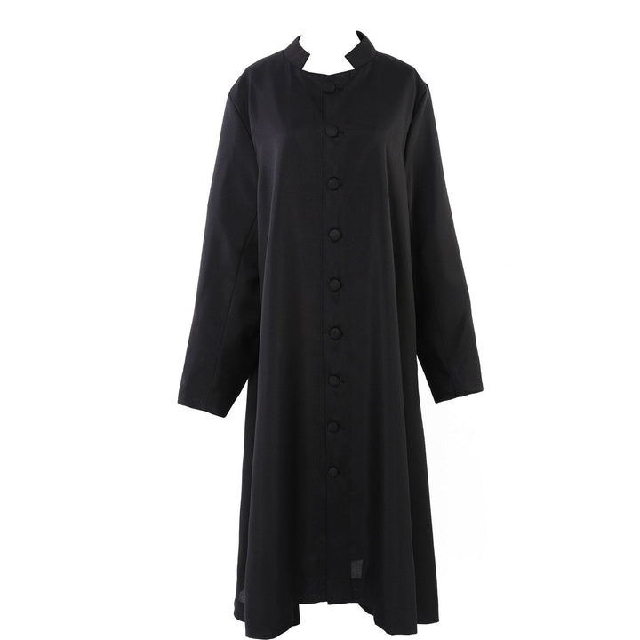 Black matte choir robe with stand collar front buttons and A-line flared hem, pure white background