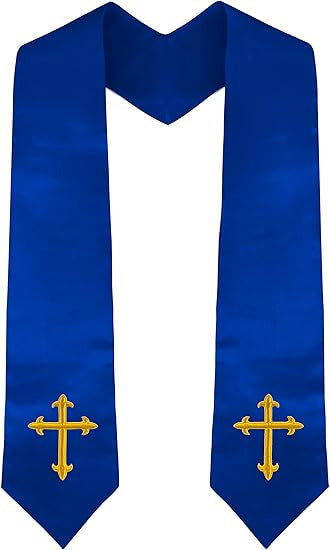 Sky blue clergy graduation stole with gold cross embroidery on both panels