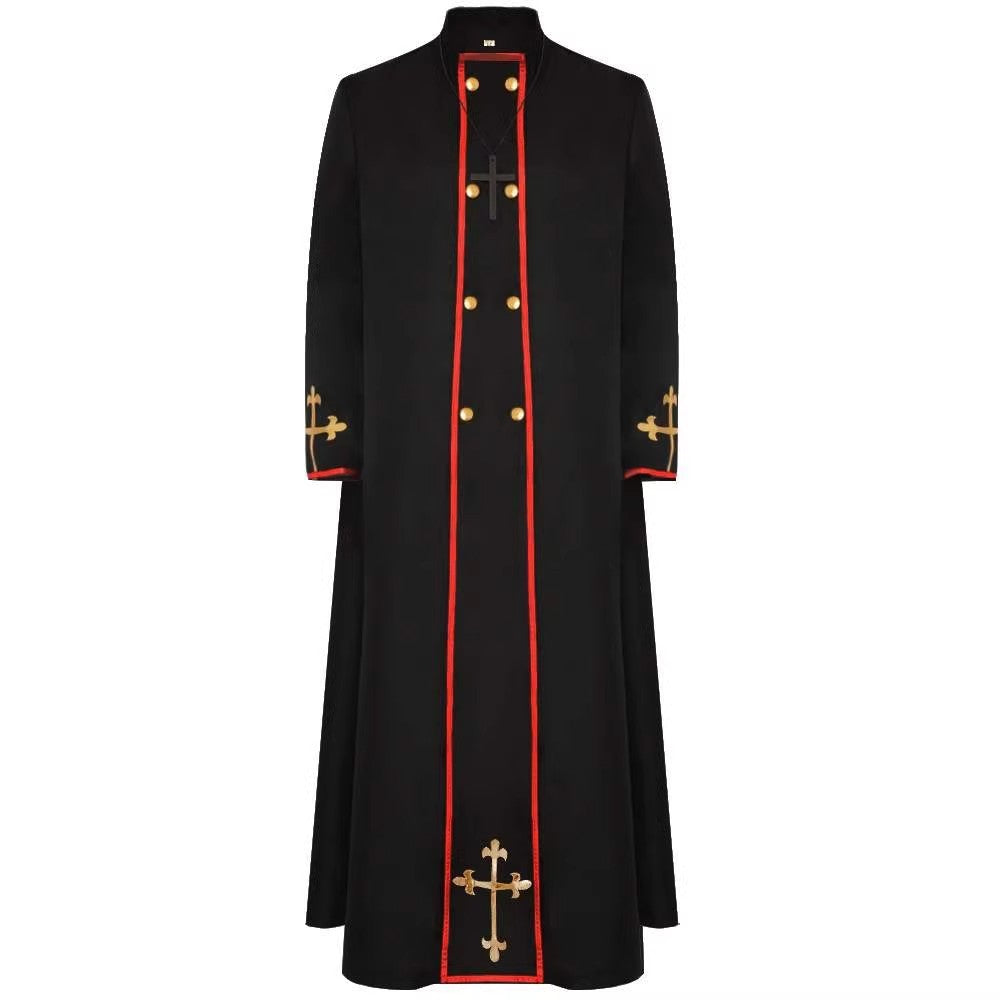 Black priest cassock robe front view showing stand collar, double row gold buttons, red piping trim, gold cross embroidery on cuffs and center front, white background