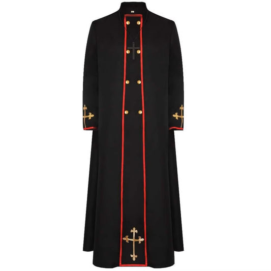 Black priest cassock robe front view showing stand collar, double row gold buttons, red piping trim, gold cross embroidery on cuffs and center front, white background