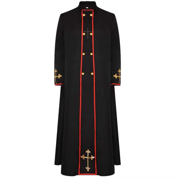 Black priest cassock robe front view showing stand collar, double row gold buttons, red piping trim, gold cross embroidery on cuffs and center front, white background