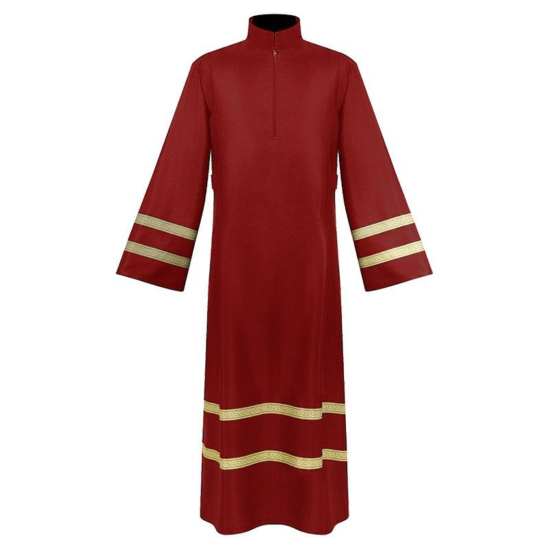Burgundy red church choir robe with gold braid trim on sleeves and hem, stand collar zipper front, white background