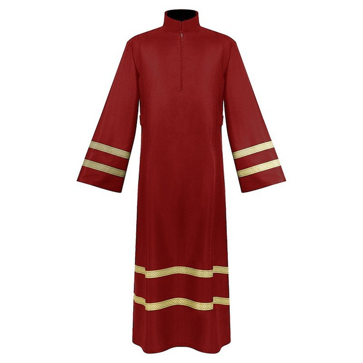 Burgundy red church choir robe with gold braid trim on sleeves and hem, stand collar zipper front, white background