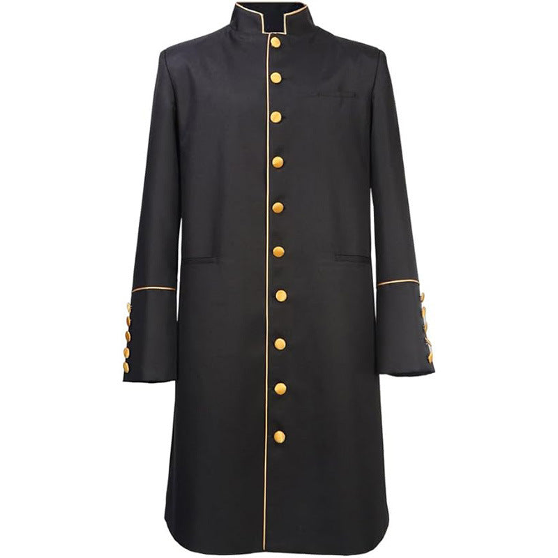 Black clergy frock coat with stand collar clergy tab, gold piping trim and gold cuff buttons, product view, white background