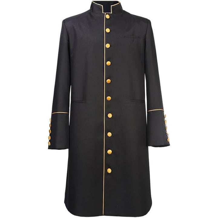 Black clergy frock coat with stand collar clergy tab, gold piping trim and gold cuff buttons, product view, white background