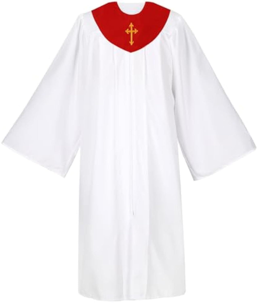 White Church Choir Robe with Burgundy V-Neck Yoke and Gold Cross Embroidery