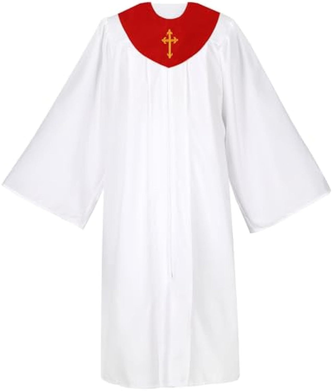 White Church Choir Robe with Burgundy V-Neck Yoke and Gold Cross Embroidery