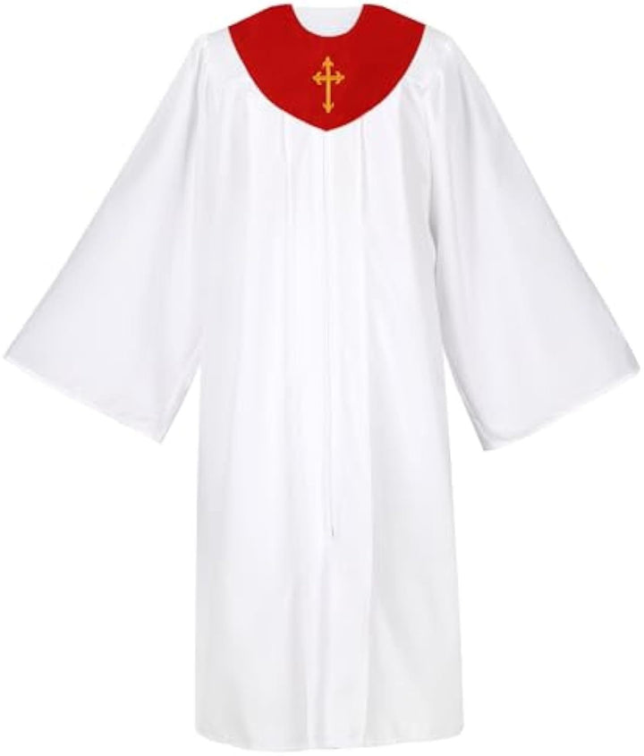 White Church Choir Robe with Burgundy V-Neck Yoke and Gold Cross Embroidery