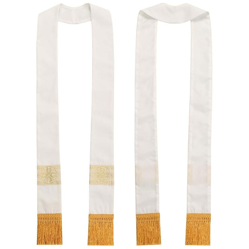 White clergy stole showing front and back view with gold brocade band and gold fringe hem, white background