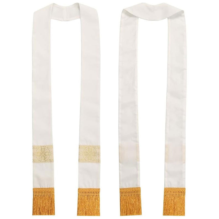 White clergy stole showing front and back view with gold brocade band and gold fringe hem, white background