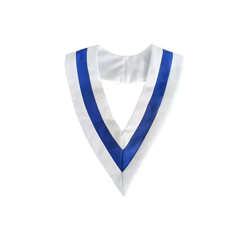 White and royal blue two-tone V-shaped graduation stole honor chevron, product flat lay, white background