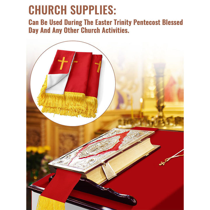 Church Supplies Red Stole on Altar Table with Gold Cross Embroidery