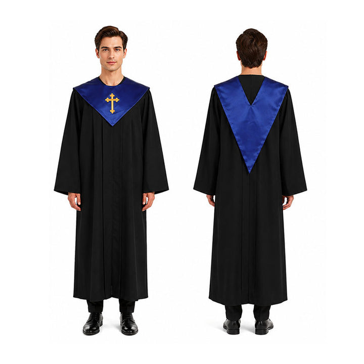 Black church choir robe with royal blue V-yoke collar and cross embroidery, front and back view, white background