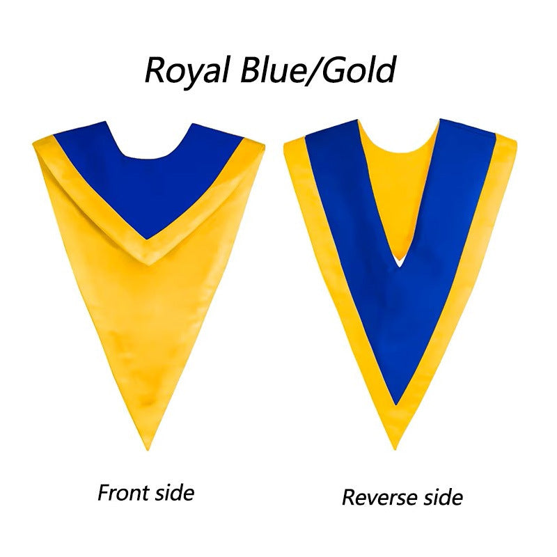 Royal blue and gold two-tone reversible graduation V-stole chevron showing both front and reverse sides, white background
