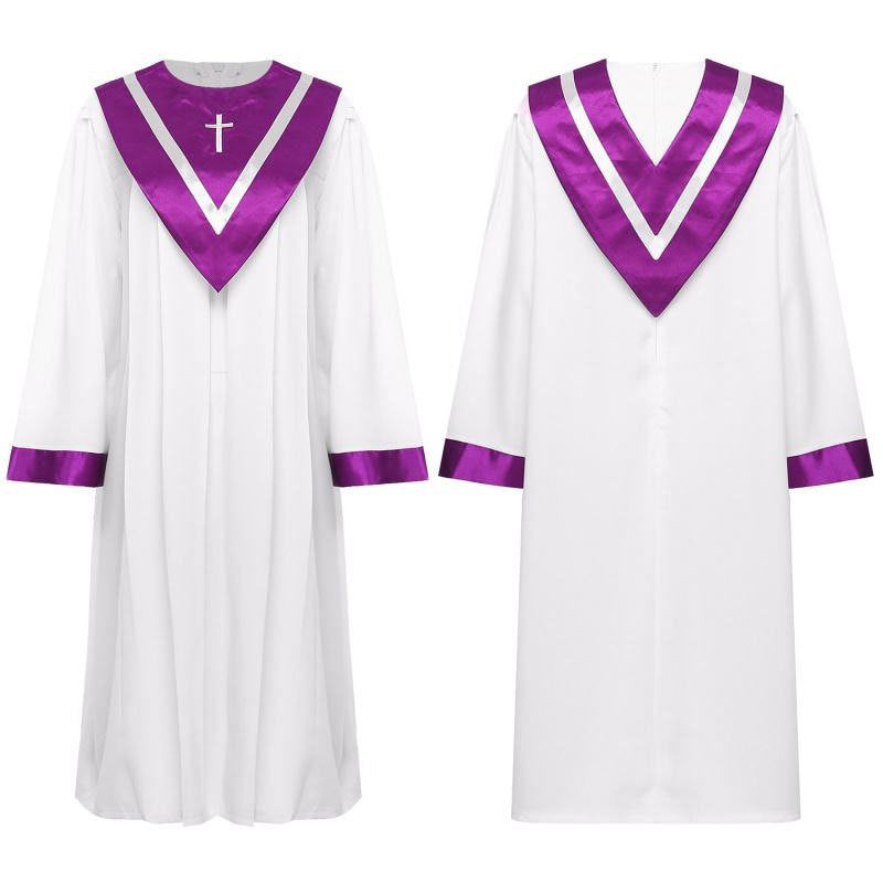White and Purple Adult Choir Robe with Embroidered Cross - Front and Back