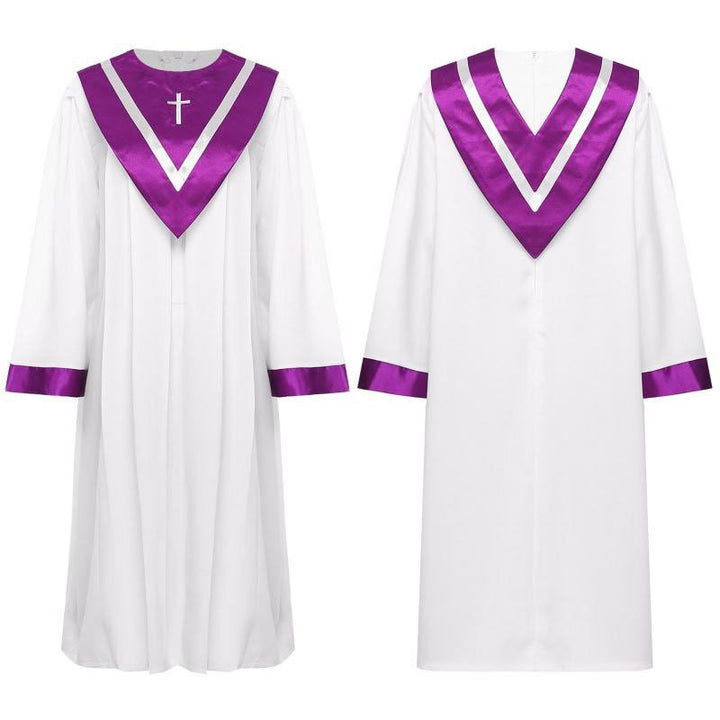 White and Purple Adult Choir Robe with Embroidered Cross - Front and Back