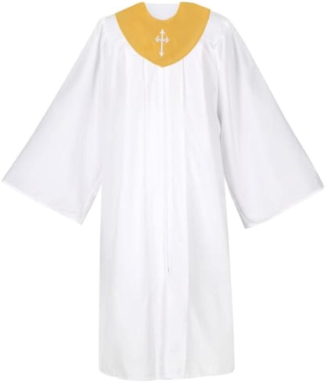 White Church Choir Robe with Royal Blue V-Neck Yoke and Gold Cross Embroidery