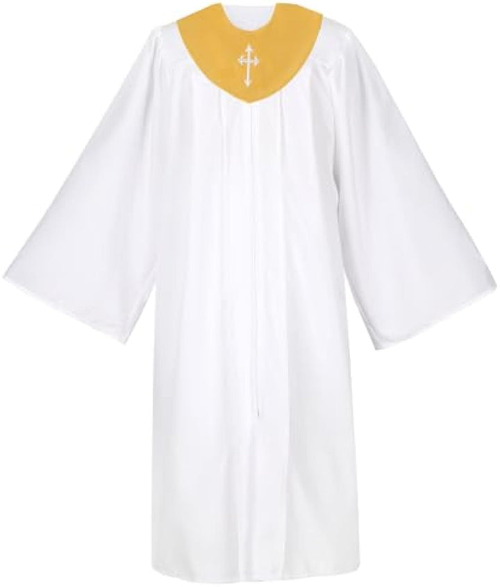 White Church Choir Robe with Royal Blue V-Neck Yoke and Gold Cross Embroidery
