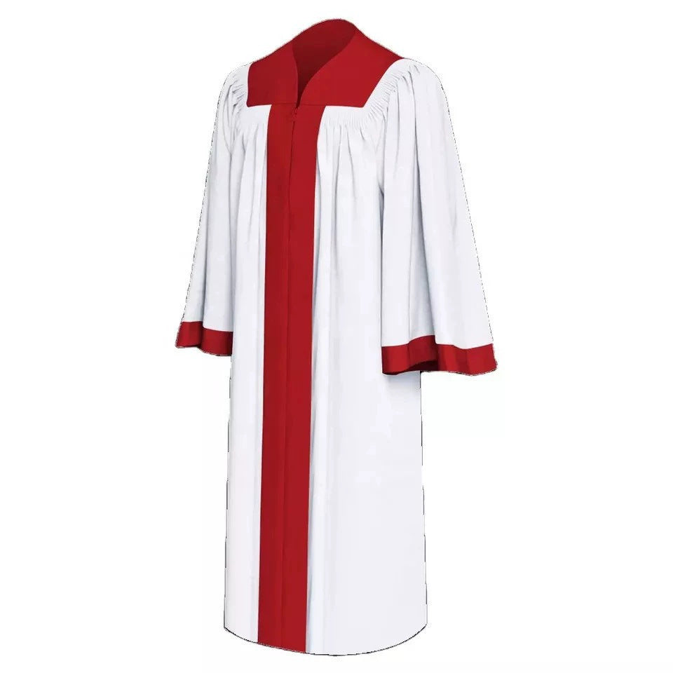 White two-tone choir robe with red contrast yoke and cuff trim, front view