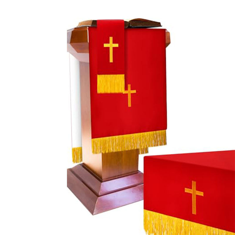 Red Reversible Stole Draped on Church Pulpit with Gold Cross Embroidery