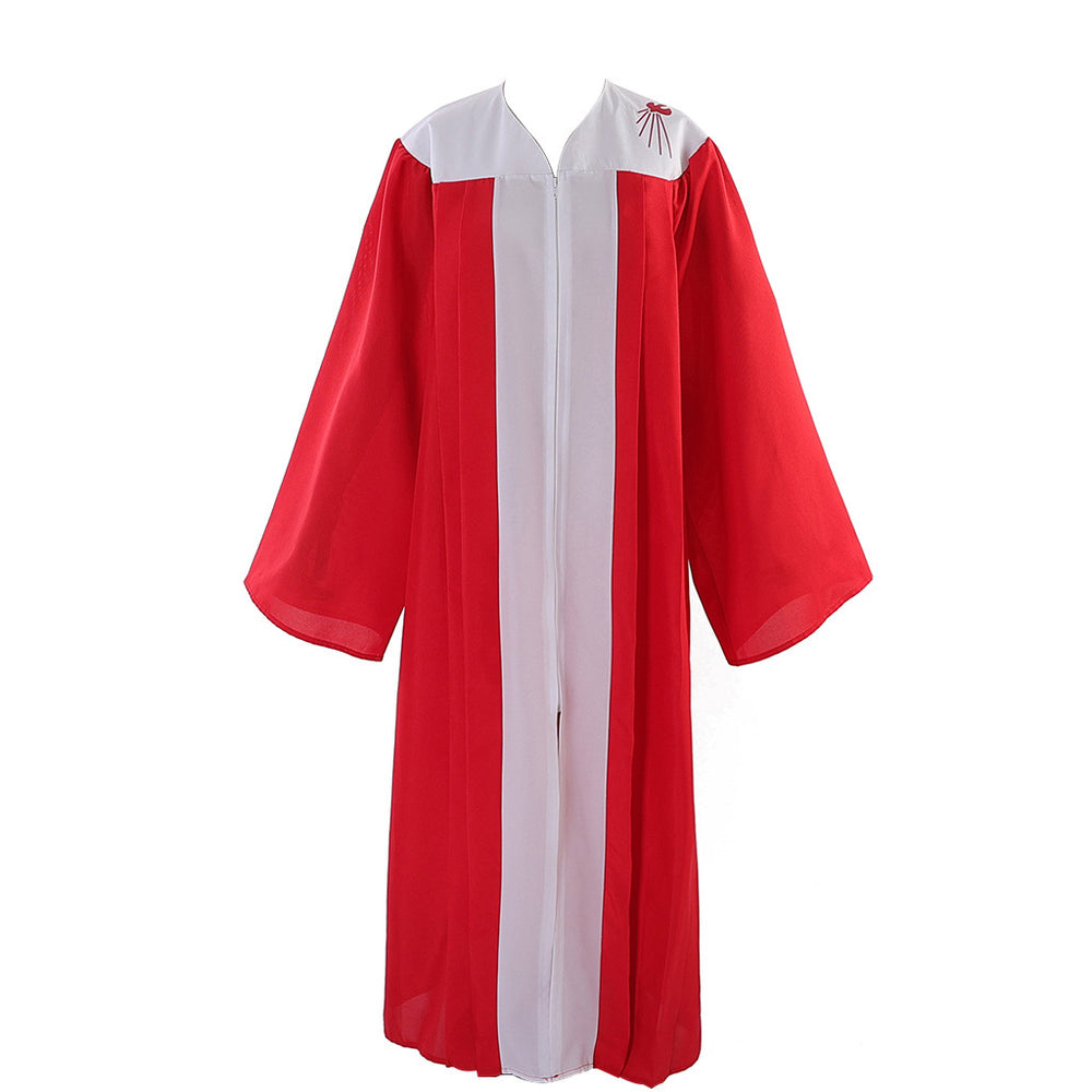 Red and white choir robe with dove embroidery on shoulder, V-neckline white front panel, wide sleeves, white background
