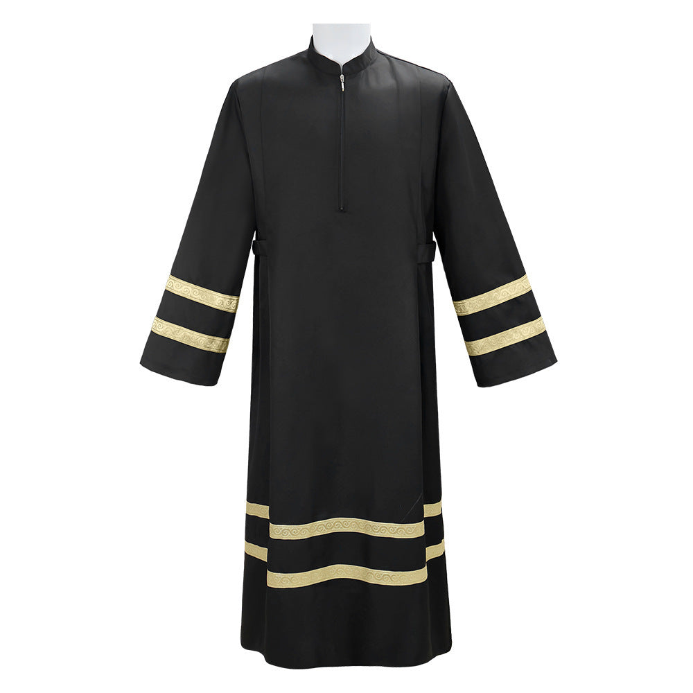 Black church choir robe with gold braid trim on sleeves and hem, stand collar zipper front, white background