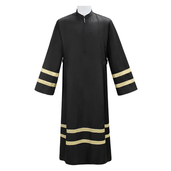Black church choir robe with gold braid trim on sleeves and hem, stand collar zipper front, white background