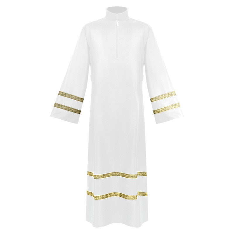 White church choir robe with gold braid trim on sleeves and hem, stand collar zipper front, white background