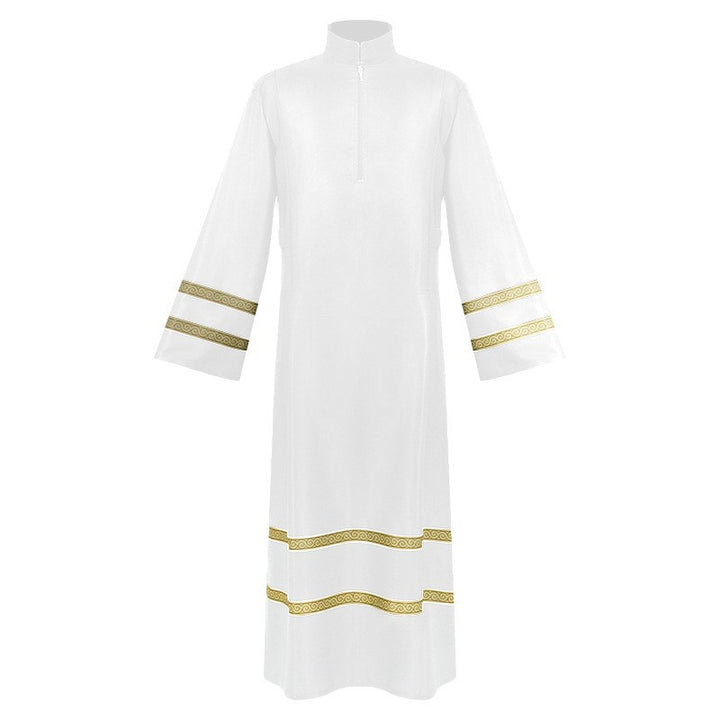 White church choir robe with gold braid trim on sleeves and hem, stand collar zipper front, white background