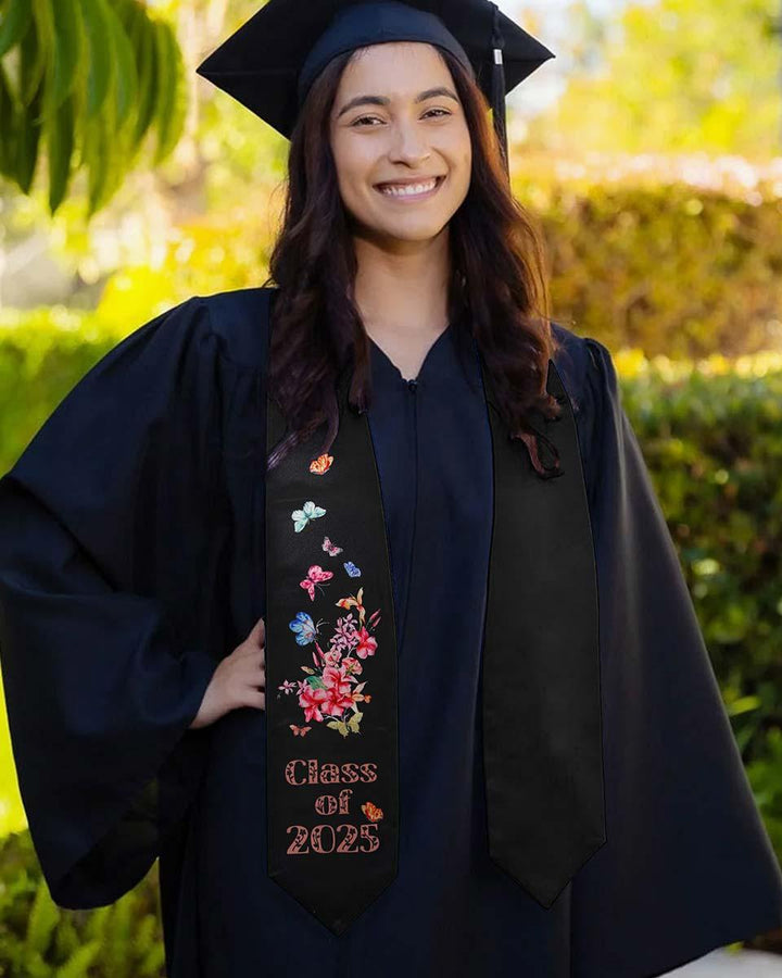 Class of 2025 Adults Floral Imprinted Graduation Stoles with Classic End - 2 Colors Available - Graduation Seller