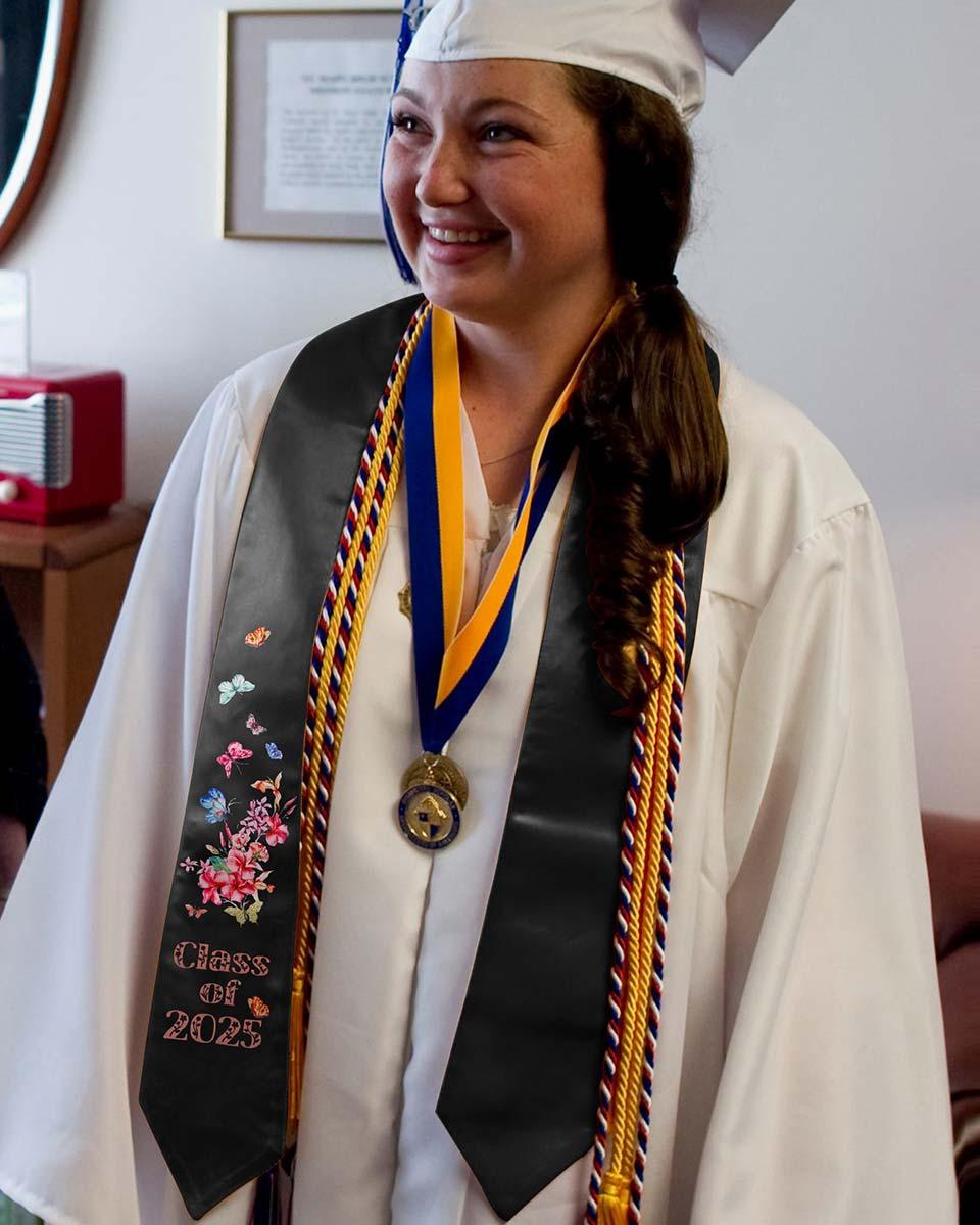 Class of 2025 Adults Floral Imprinted Graduation Stoles with Classic End - 2 Colors Available - Graduation Seller