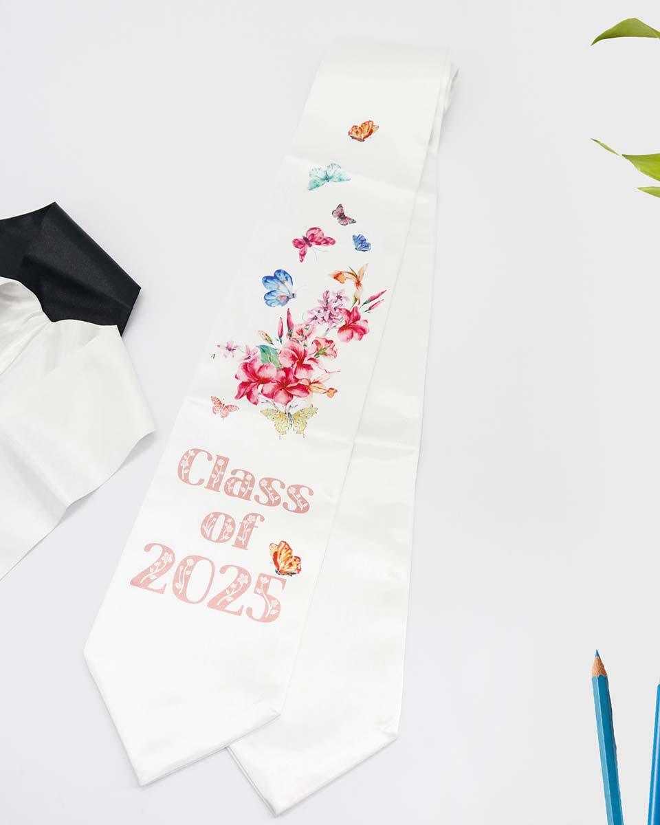 Class of 2025 Adults Floral Imprinted Graduation Stoles with Classic End - 2 Colors Available - Graduation Seller